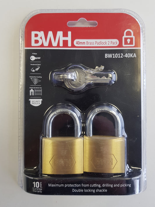 BWH BRASS PADLOCK KEYED ALIKE 2 PACK 40MM