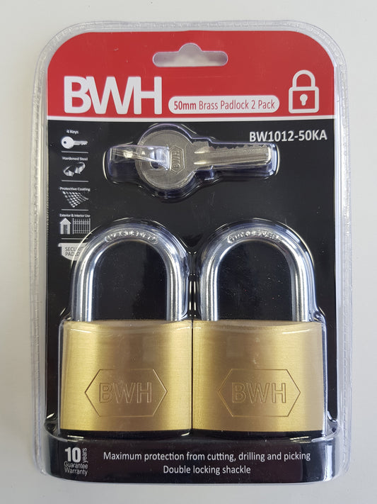 BWH BRASS PADLOCK KEYED ALIKE 2 PACK 50MM