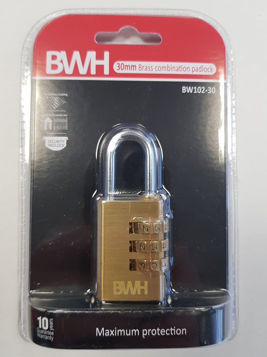 BWH BRASS COMBINATION PADLOCK 30MM