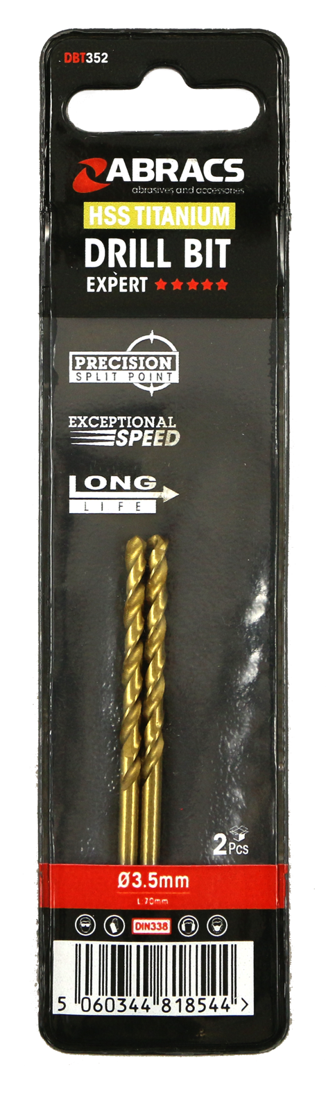 DBT352 3.5mm TiN Coated HSS Drill Bit (2pc)