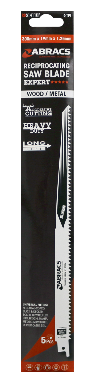 RBS1411DF RECIP BLADE 300x19x1.25mm WOOD/METAL (5)